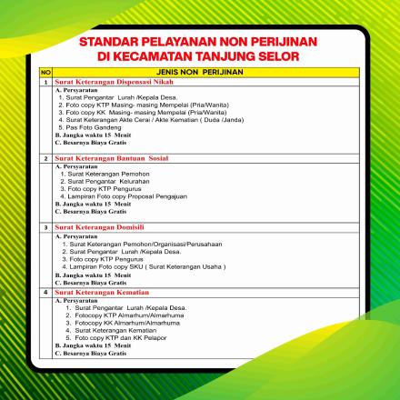 STANDAR PELAYANAN NON PERIJINAN  DI KECAMATAN TANJUNG SELOR 